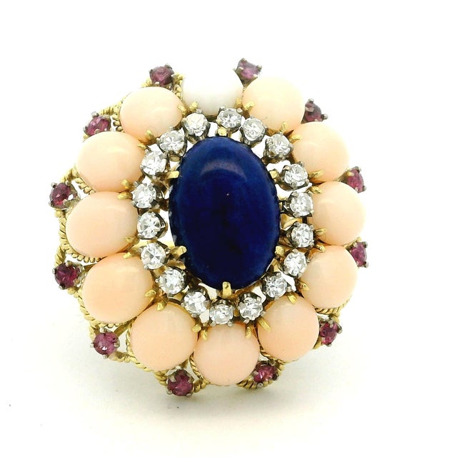 Italian 18k Gold Lapis, Coral, Ruby & Diamond Cocktail Ring, 1970s, Size 7 For Sale - Image 12 of 18