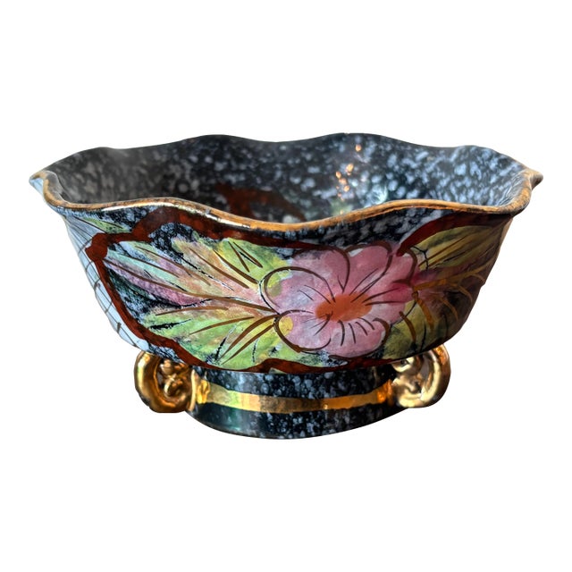 Mid 20th Century Italian Hand Painted Glossy Dish With Florals For Sale