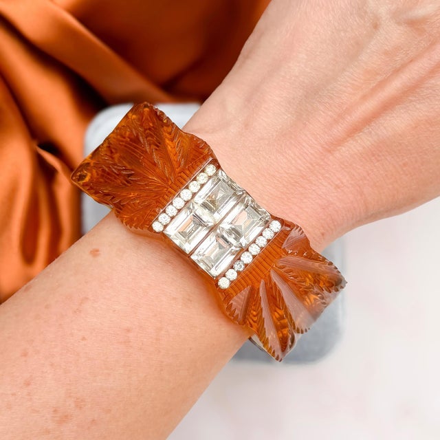Vintage Art Deco Carved Bakelite and Paste Hinged Cuff, 1930s For Sale - Image 4 of 14
