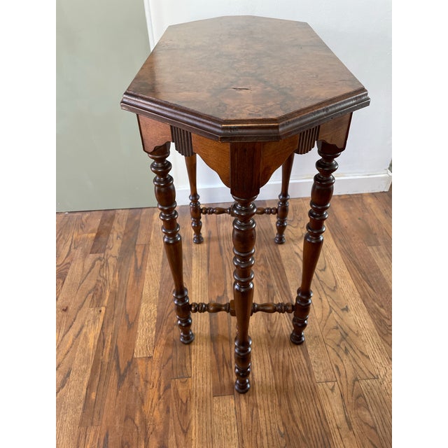 Antique Victorian Burl Walnut Octagonal Side Table, Bobbin Turned Legs For Sale - Image 4 of 10