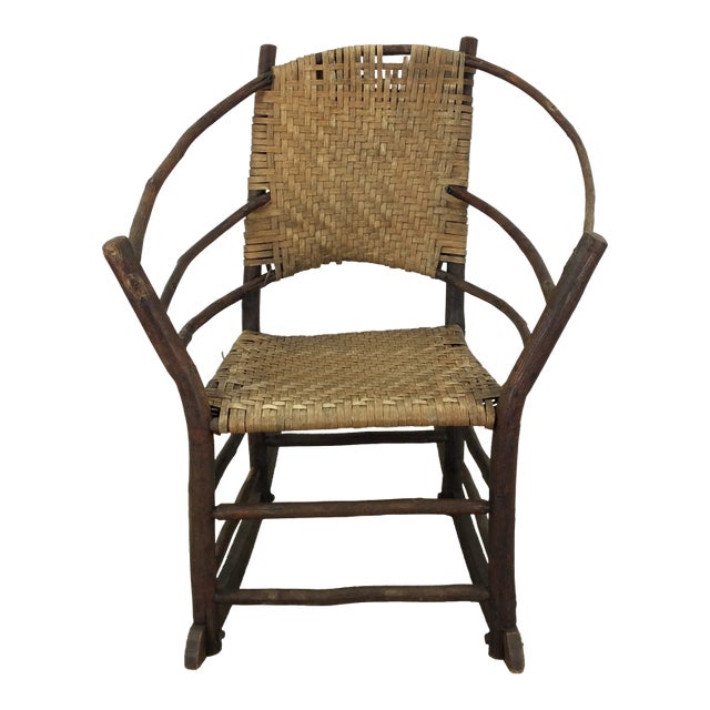 Old Hickory Adirondack Style Rocking Chair With Caned Seat and Back For Sale