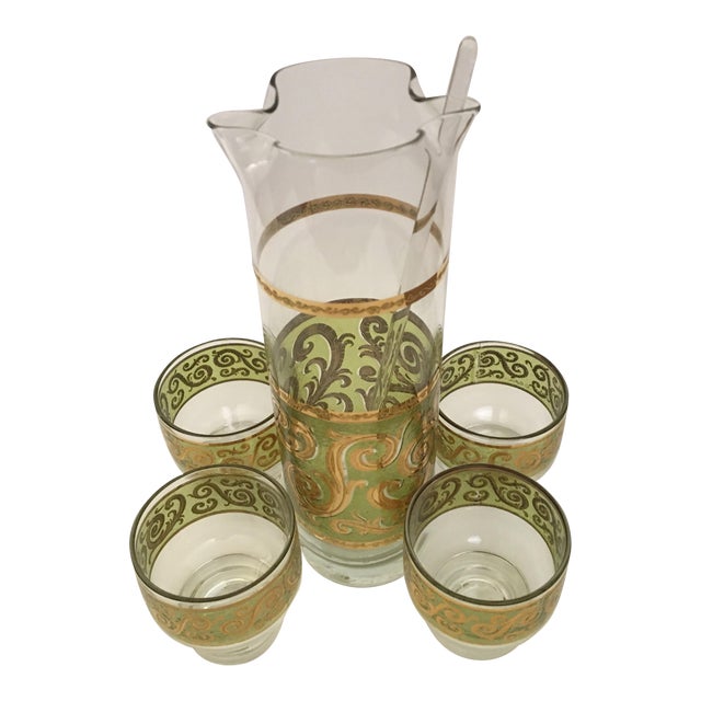 Mid-Century Modern Culver Toledo Martini Set With Four Footed Glasses and Stir Stick- 6 Pieces For Sale