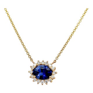 Natural Sapphire Diamond Halo Pendant With Chain 18" 14k YG 1.67 TCW Certified For Sale