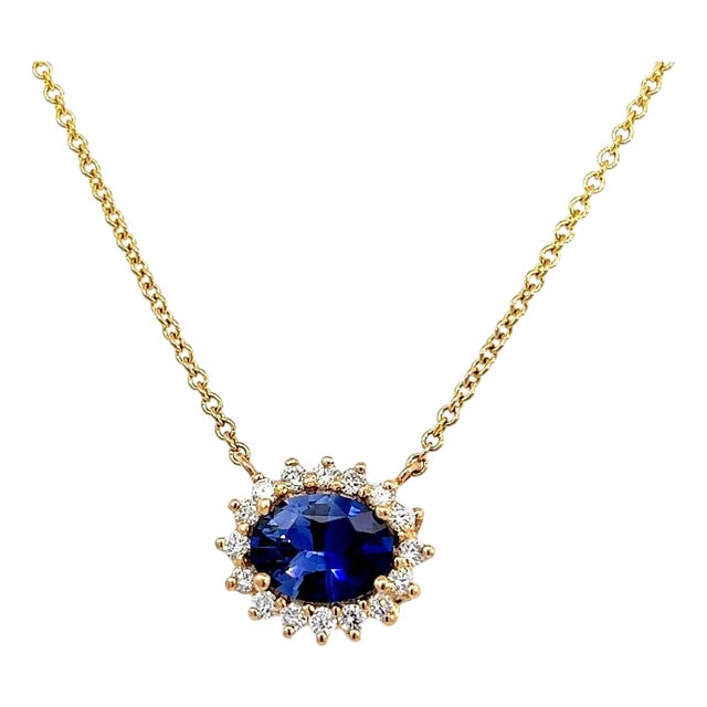 Natural Sapphire Diamond Halo Pendant With Chain 18" 14k YG 1.67 TCW Certified For Sale