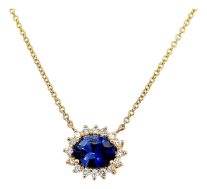 Natural Sapphire Diamond Halo Pendant With Chain 18" 14k YG 1.67 TCW Certified