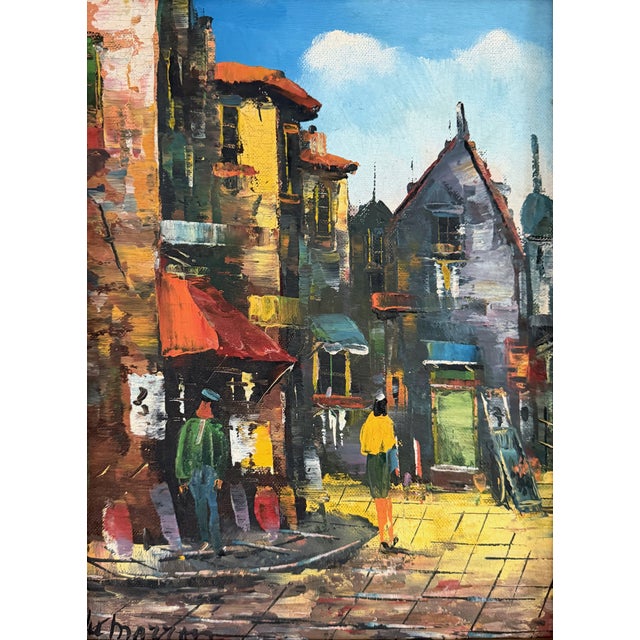 Vibrant mid century Italian street scene. Skilled use of color and excellent brushwork, utilizing both abstract and...