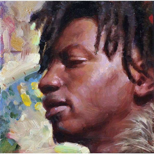 This oil on panel work captures a serene profile of a figure, exuding a contemplative mood through soft, blended...