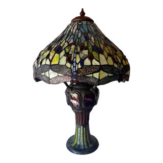 Vintage 1980s Art Nouveau Dragonfly Stained Glass Double-Lit Desk or Table Lamp For Sale