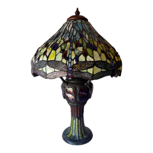 Vintage 1980s Art Nouveau Dragonfly Stained Glass Double-Lit Desk or Table Lamp