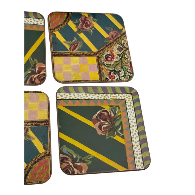 Traditional Mackenzie Childs Pimpernel Hop Scotch Rose Coaster Set of 4 For Sale - Image 3 of 8