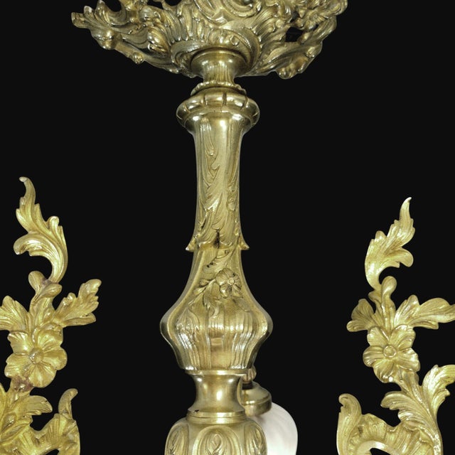 19th Century Antique French Art Nouveau Bronze 4-Light Chandelier with Frosted Glass Tulip Flower Shades and Acanthus Leaves, 1890s For Sale - Image 5 of 18