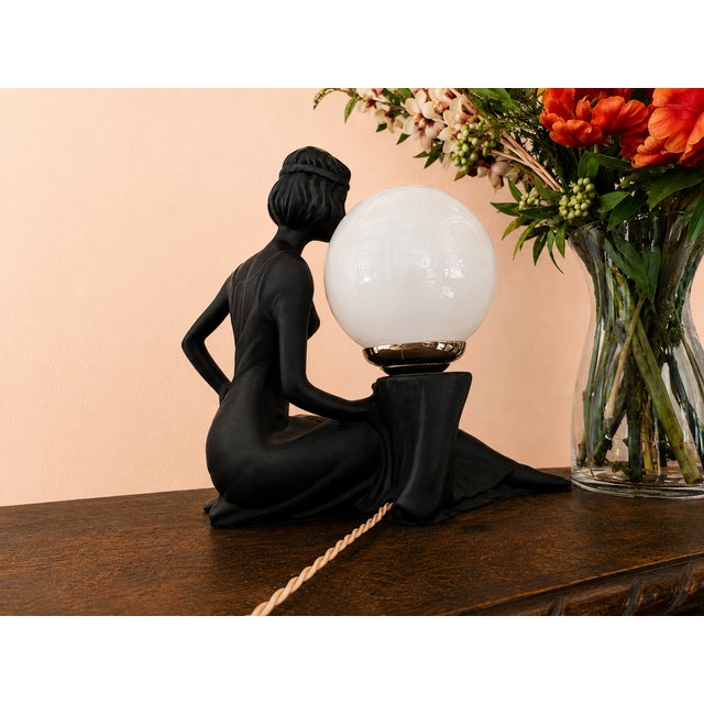 1950s Art Deco Table Lamp with Female Sculpture and Opaline Globe, 1950s For Sale - Image 5 of 6