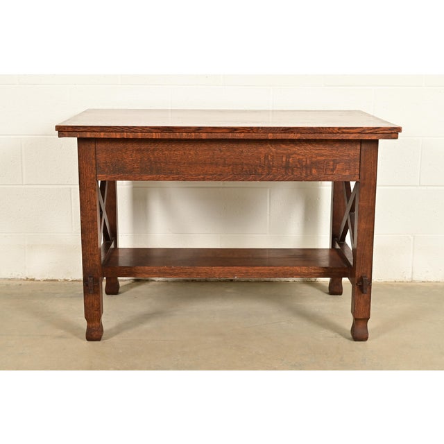 Stickley Brothers Style Antique Mission Oak Arts & Crafts Desk or Writing Table, Circa 1910 For Sale - Image 10 of 11