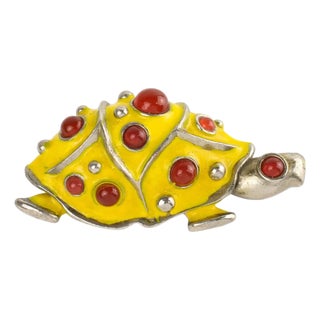 Lanvin Paris Silvered Metal and Enamel Jeweled Turtle Brooch For Sale