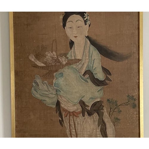 Chinese 18th Century Asian Antique Chinese Goddess Painted on Silk and Framed For Sale - Image 3 of 12