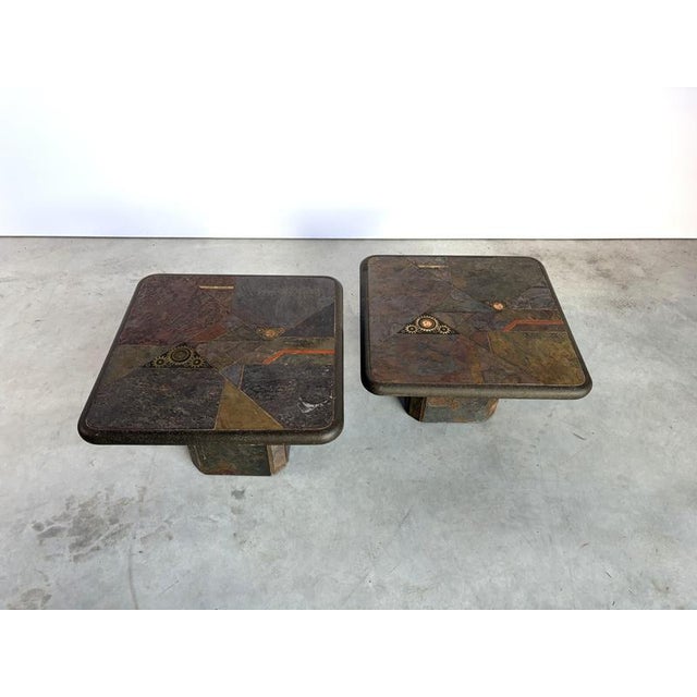 Seventies brutalist slate stone nesting tables or side tables in the manner of Marcus Kingma by Laub, 1980s Slate stone...