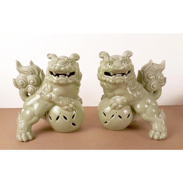 Celadon Mid Century Pair of Chinese Celadon Fu Dogs For Sale - Image 8 of 8