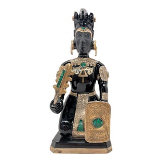 1970s Teotihuacán Mexican Obsidian/Onyx Style Aztec Warrior Sculpture – Kneeling Figure W/ Shield & Macuahuitl – Metal & Green Stone Inlay For Sale