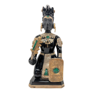1970s Teotihuacán Mexican Obsidian/Onyx Style Aztec Warrior Sculpture – Kneeling Figure W/ Shield & Macuahuitl – Metal & Green Stone Inlay
