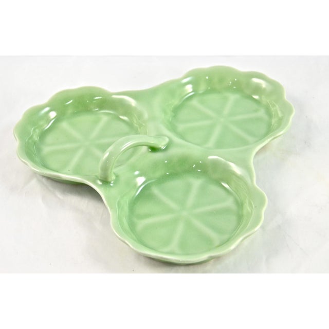 Hand-painted celadon spring green three section tray with handles works beautifully as tidbit server and equally as well...