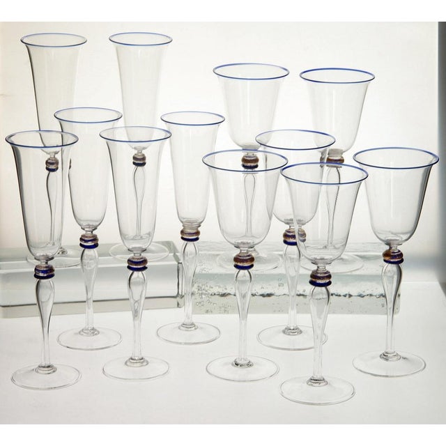 Stemmed Flute Glasses in Murano Glass with Cobalt and Gold Accents by Cenedese, 1980s, Set of 6 For Sale - Image 3 of 18