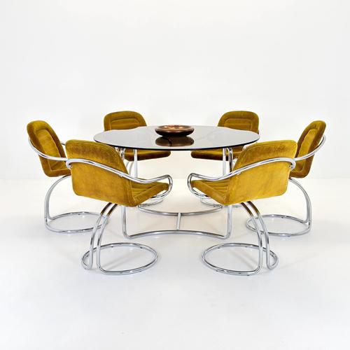 Textile Mid-Century Modern Italian Round Smoked Glass Table and Cantilever Chairs by Gastone Rinaldi, 1970s, Set of 7 For Sale - Image 7 of 18