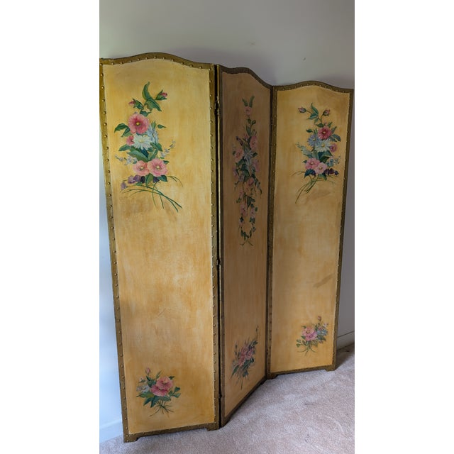 Impressionist 1940s Antique 3-Panel Gold Hand-Painted Decorative Room Divider/ Screen & Art Work For Sale - Image 3 of 12