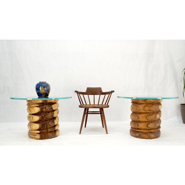 Solid Carved Wood Cylinder Shape Bases Glass Top End Side Tables Stands - A Pair For Sale - Image 6 of 12