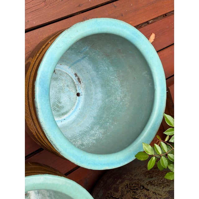 Large Chinese Glazed Terracotta Earthenware Planter Set Decorated With Dragons Egg Pots For Sale - Image 12 of 18