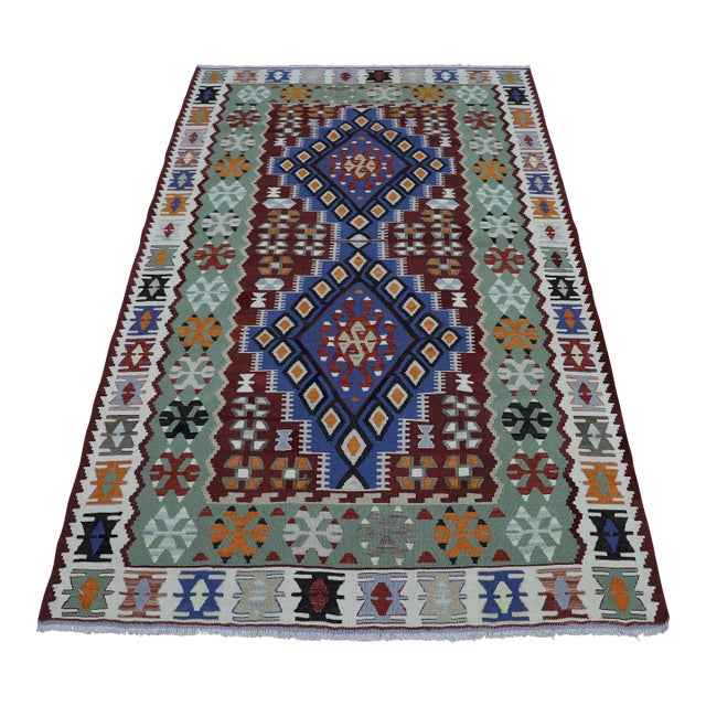 1960s Oriental Style Handmade Blue Oushak Kilim Rug For Sale
