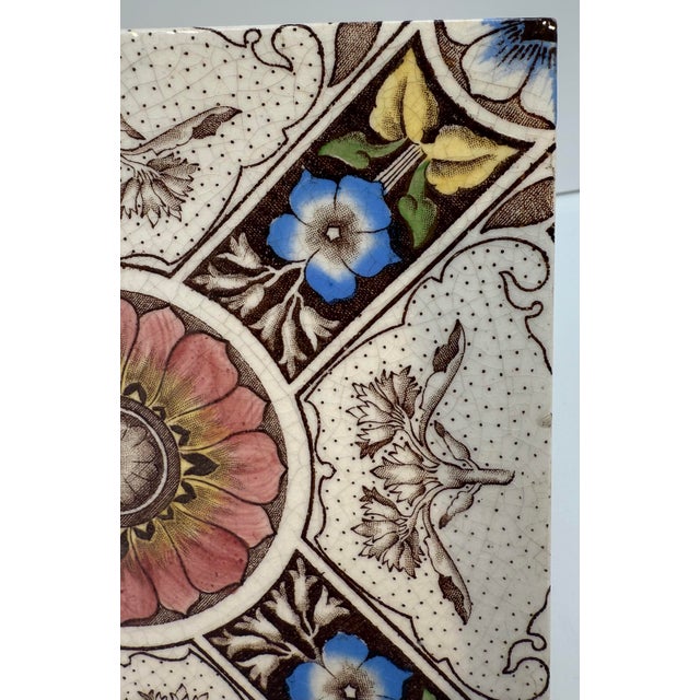 Late 19th Century Antique English Glazed Ceramic Tiles With Florals, Polychrome Transfer Decoration, Set of 3 For Sale - Image 5 of 7