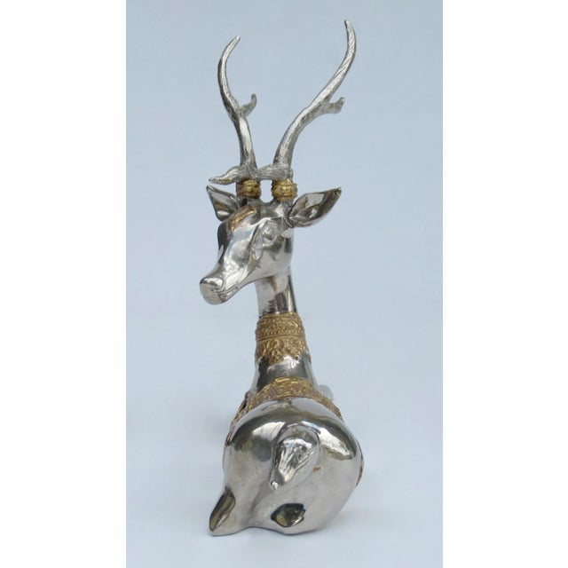 1970s Vintage C.1970's Asian (Thailand) Nickel Plate and Gilt Gold Embellished Antler Reindeer For Sale - Image 5 of 12