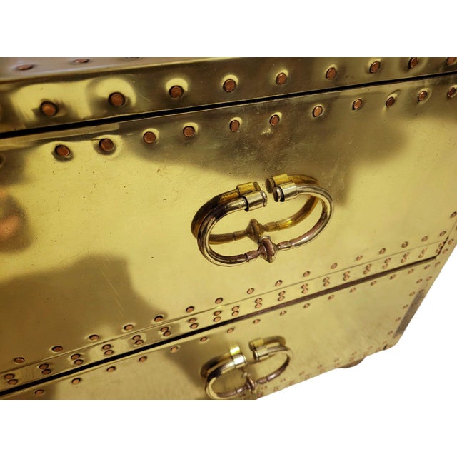 1970s Brass-Clad Riveted Campaign Trunk Coffee Table / 2-Drawer Chest For Sale - Image 4 of 11