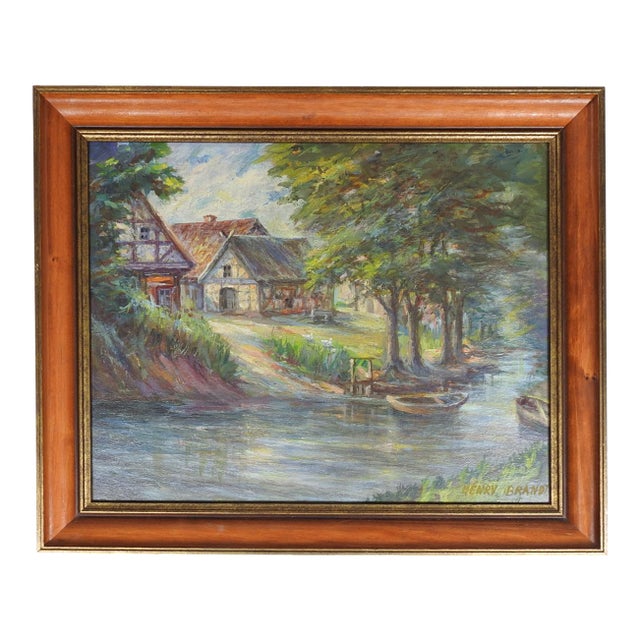 Early 20th Century Impressionist Riverside Cottage Landscape Painting For Sale