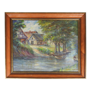 Early 20th Century Impressionist Riverside Cottage Landscape Painting