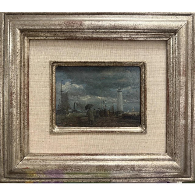 Meyer Wiegand Rolf Dieter, North Sea Harbor Pier with Lighthouse in the Rain, 1970, Oil on Canvas For Sale - Image 10 of 13