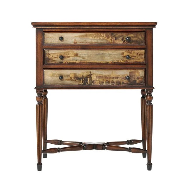 A bedside chest or lamp table with Classical landscape découpage decoration, the rectangular dished tray top above three...