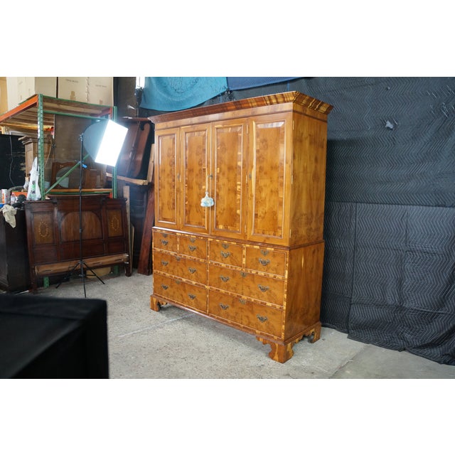 Antique English George II Style Oyster Burl Yew Cabinet on Chest Linen Press 80" For Sale - Image 4 of 18