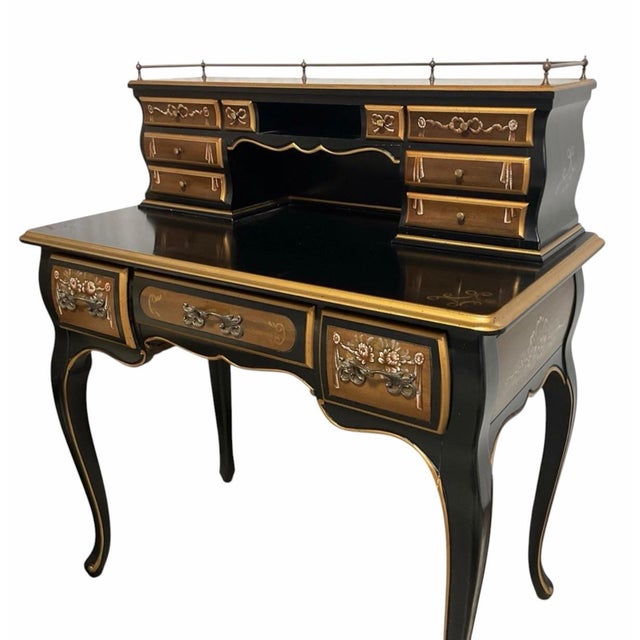Chinoiserie Early 20th Century Chinoiserie-Style Black Lacquer Harpsichord Desk and Matching Cane Back Chair. For Sale - Image 3 of 9