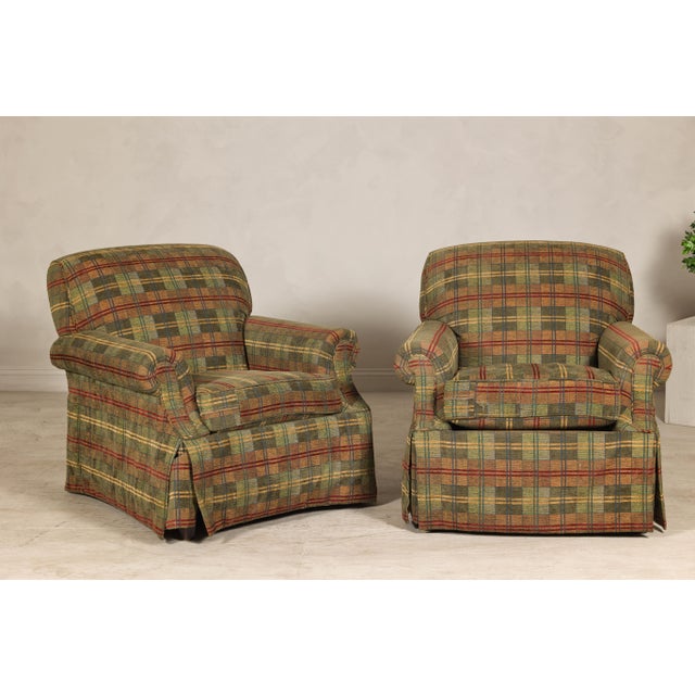 Early 21st Century Pair of Kravet Plaid Upholstered Club Chairs with Skirted Base for Cozy Seating For Sale - Image 5 of 12