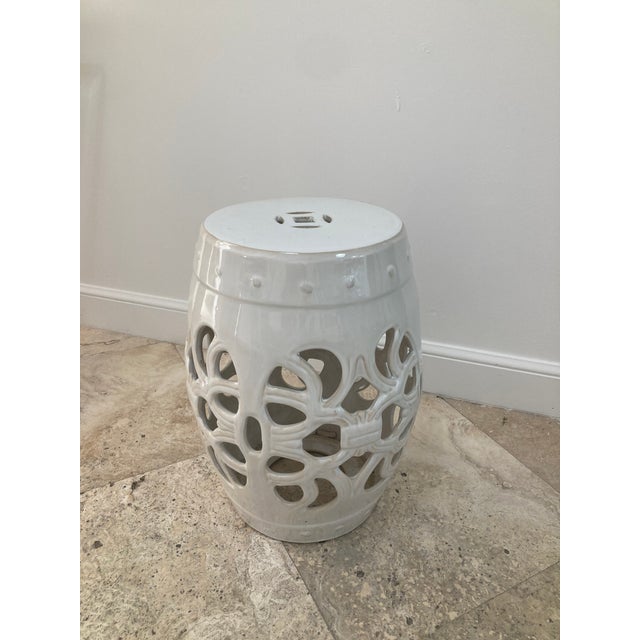 2000 - 2009 White Glazed Ceramic Boho Chic Garden Seat For Sale - Image 5 of 10