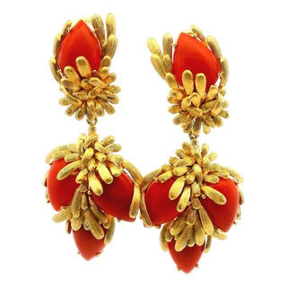 1960s Italian Sardinian Coral 18k Gold Floral Drop Earrings, Pair For Sale