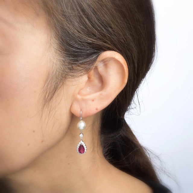 Modern Pink Tourmaline Diamond Pearl Drop Earrings Estate 18k White Gold Dangle Jewellery - 2 Pieces For Sale - Image 3 of 4