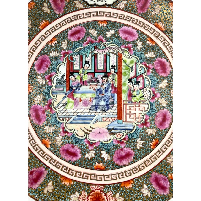 Fine Chinese Porcelain Gilt Charger With Figural Scene & Pink and Orange Flowers For Sale - Image 4 of 10