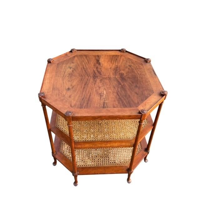 Hollywood Regency Vintage Baker Furniture Octagonal Bookmatched Walnut & Cane Three-Tier Side Table For Sale - Image 3 of 7