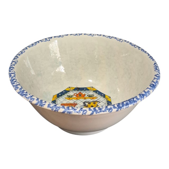 Vintage Large Italian Ceramic Pasta Bread Dough Bowl Blue Spongeware Rim For Sale - Image 11 of 11