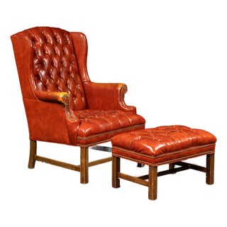 Vintage Wingback Tufted Armchair With Ottoman in Burnt Orange For Sale