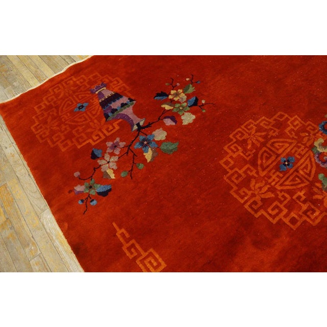 1920s Ruby Red Vase Medallion Antique Chinese Art Deco Carpet 9' X 12' Knotted Wool Rug For Sale - Image 10 of 11