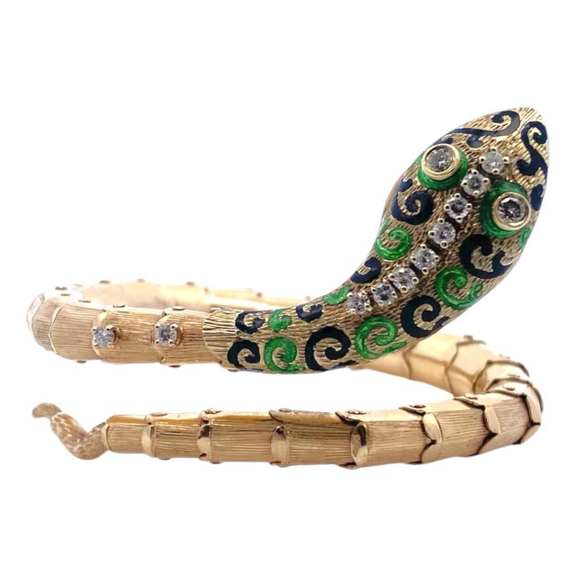 1960s Vintage 14k Enamel & Diamond Articulated Snake Bracelet For Sale