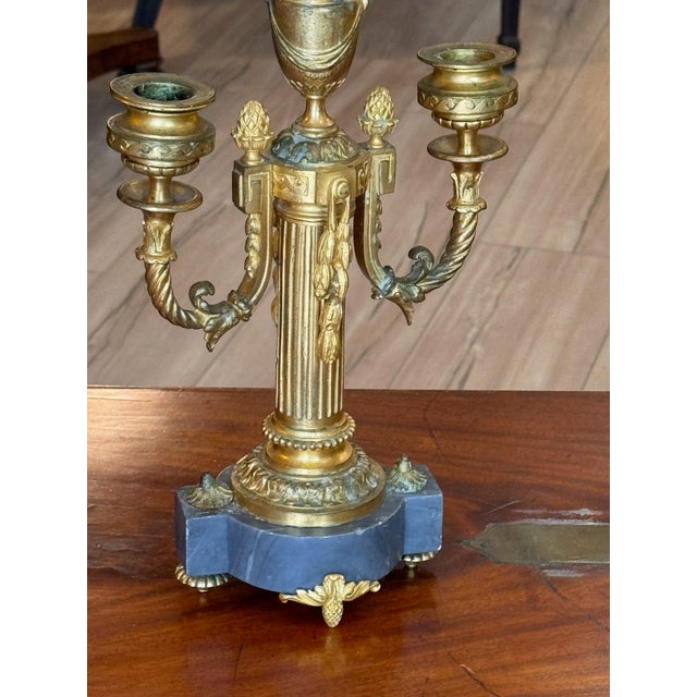 Gold Pair of Mid 19th Century French Gilt Bronze and Marble Two Light Candelabra For Sale - Image 8 of 8